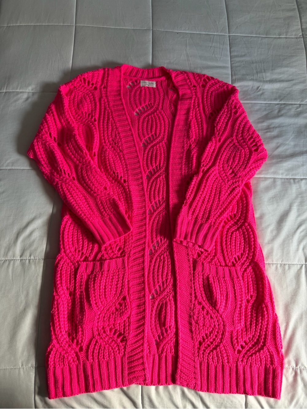 Hot Pink Open-Front Cable Knit Long Cardigan - 1X